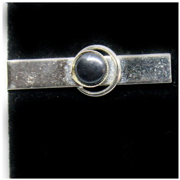 Vintage Silver & Black Circle Cabachon Rectangle Tie Clip VTG Father's Day Gift - Picture 9 of 9